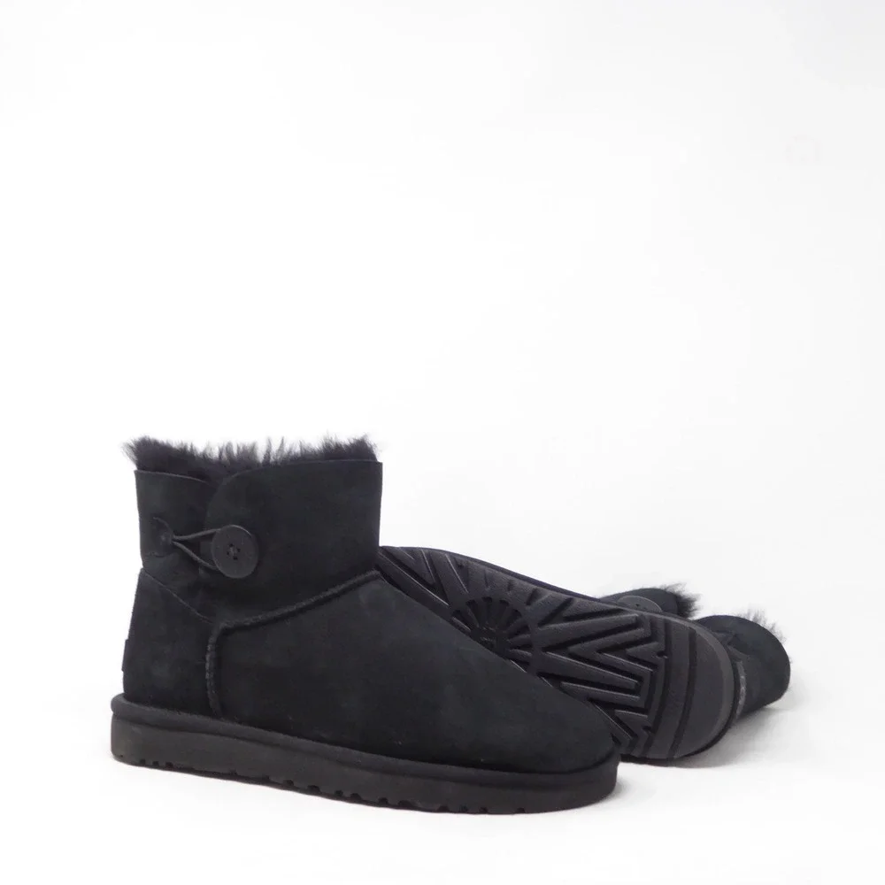 NEW UGG Women Boots Black Mini Bailey Button II Suede Sheepskin 10